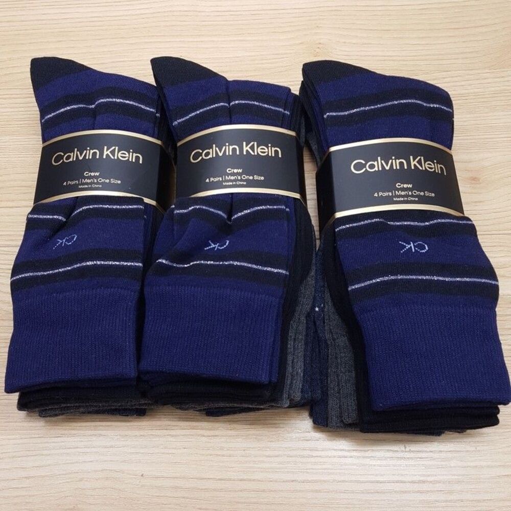 CALVIN KLEIN Mens Crew Dress Socks 12 Pairs Black Gray Blue 4-Pack Cotton Blend